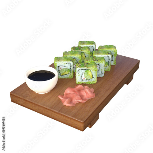 Delicious sushi rolls on a wooden board with soy sauce