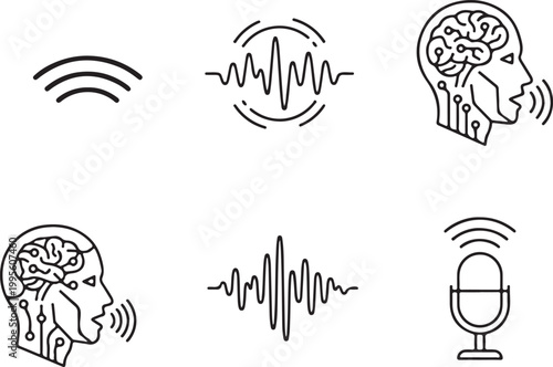 Speech recognition technology icons with sound waves and human head isolated on white background