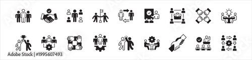 Cooperation, achievement, success icon set. Containing icon symbol : group, cooperation, agreement, people holding flag together, togetherness, business, helping hand, management, discussion, work.