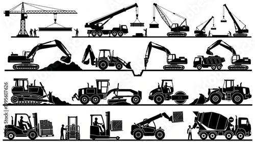 Massive collection of heavy construction machinery silhouettes featuring excavators, tower cranes, bulldozers, forklifts, and cement mixer trucks with workers performing site operations set