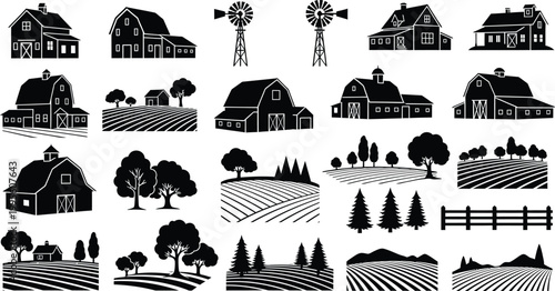 Vintage farm scene collection black and white rural landscape illustrations