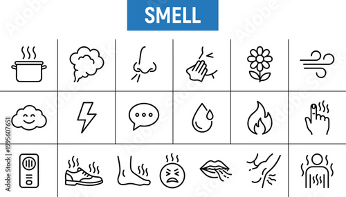 Smell and scent icon set featuring aroma fragrance odor perception nose symbols and sensory experience outline vector collection