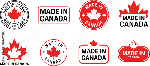 Set of Made in Canada emblem vector, Canadian manufactured production labels, patriotic maple leaf badges for certification, quality assurance and product origin branding design elements.