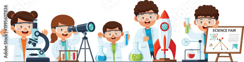 Kawaii Science Fair Icon Set Featuring Kids, Microscope, Rocket, Telescopes, and Chemical Experiments for Educational, Fun, and STEM Designs