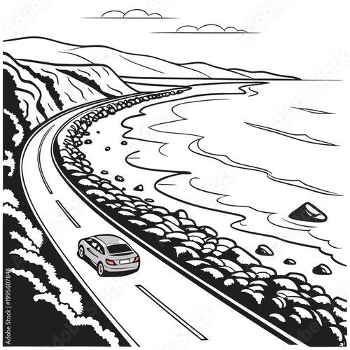 A winding coastal highway stretches alongside a rocky beach with crashing waves featuring a single car driving along the road high quality professional detailed modern elegant