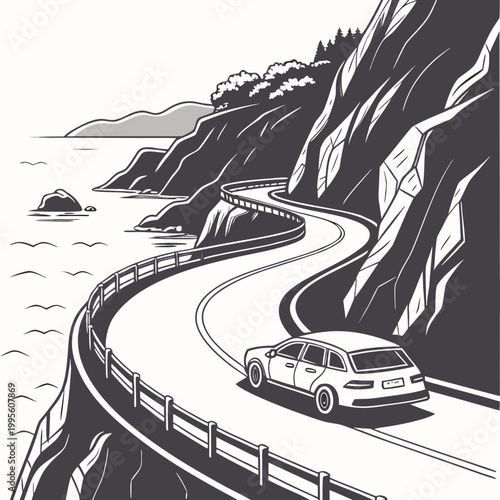 A winding coastal road stretches along a dramatic cliffside with a compact car traveling towards the horizon and the open sea high quality professional detailed modern