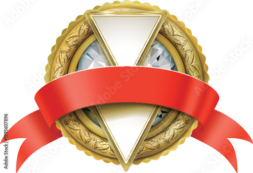 Circle golden award with red ribbon