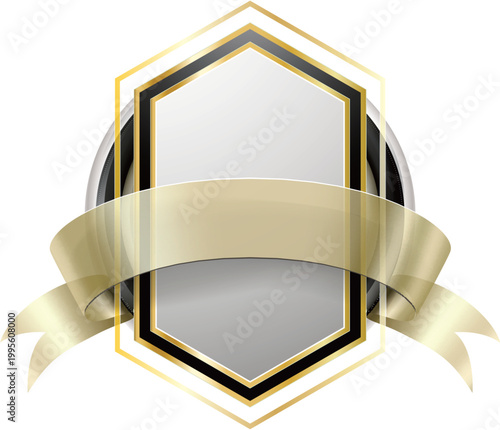Gold shield with ribbon icon in transparent style