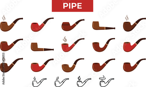 Smoking pipe collection illustration featuring classic tobacco pipes vintage styles wooden designs and traditional smoking accessory vector set