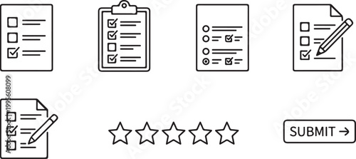 Checklist and rating icons with submit button during concept of feedback Isolated on white background