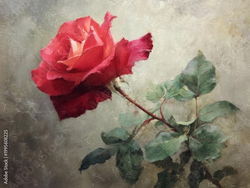 Vibrant red rose with green leaves on a textured background