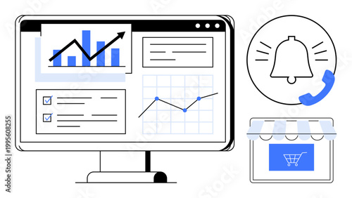 Data analysis, e-commerce insights, online shopping, business performance, notifications, user interface. A monitor showing charts with a shop icon and notification symbols. E-commerce and data