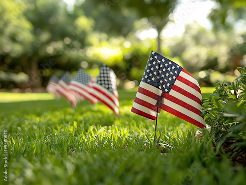 Colorful American Flags Lined Up in Green Grass