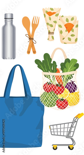 A colorful illustration of eco-friendly grocery shopping items