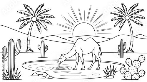 Camel drinking water from oasis in desert landscape with cacti line art hot weather drinking landscape