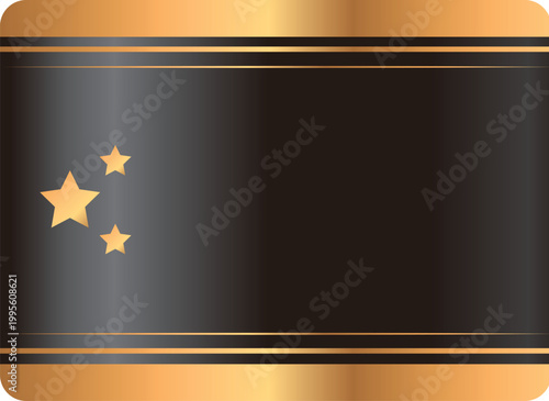 Black square label with golden frame and stars