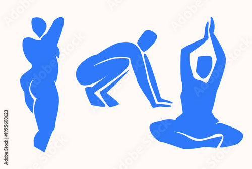 Woman contemporary abstract figures silhouette, hand drawn cut out feminine form different poses. Flat collage mid-century style, applique unique design, female shape poster, decorative art. Isolated.