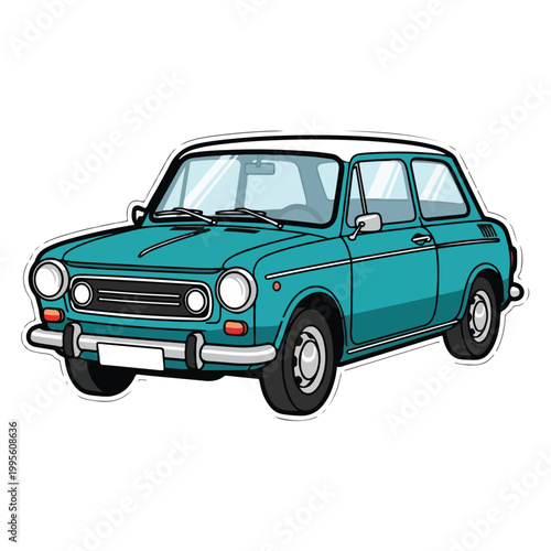 Teal colored vintage car with distinctive headlights and grille