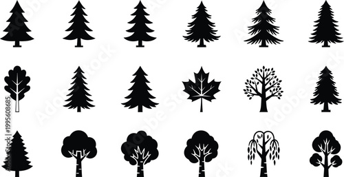 Collection of silhouettes diverse tree shapes and foliage in black and white