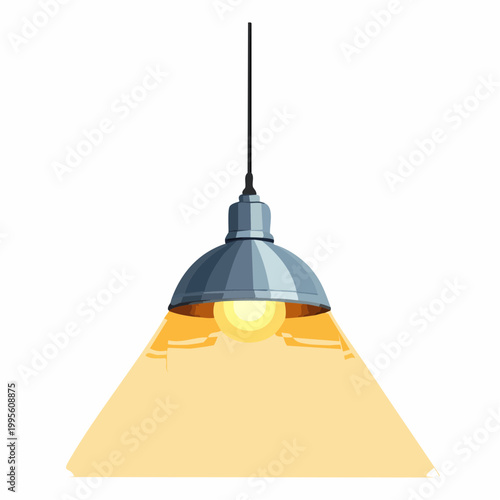 Industrial pendant light with exposed bulb emitting warm light, lighting