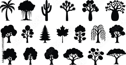 Collection of silhouetted trees diverse shapes and species in black and white