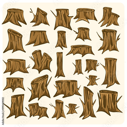 Various Old Tree Stumps and Wood Logs Collection