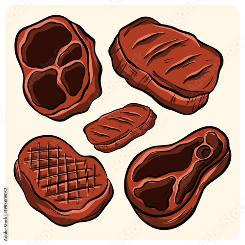 Delicious Grilled Beef Steak Meat Set Illustration