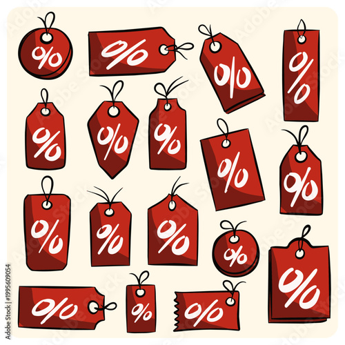 Set of Hand Drawn Red Sale Tags with Percentage Symbol