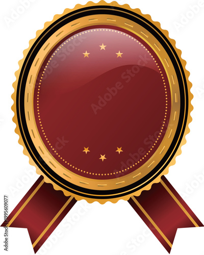 Red rounded badge with golden frame