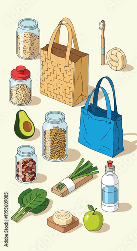 A colorful illustration of eco-friendly household and grocery items