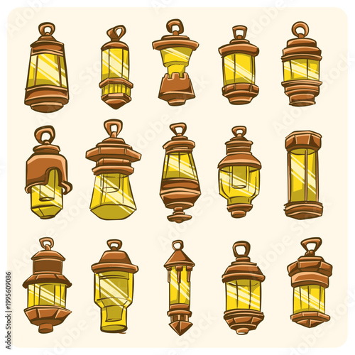 Set of Vintage Lanterns and Oil Lamps Illustration, Traditional Glowing Yellow Light Hanging Lamps, Medieval and Antique Lighting Collection