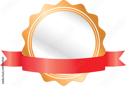Golden label with red ribbon