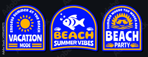 Retro Tropical Beach Badges Vector Illustration with Phrases like “Vacation Mode”, Vintage Summer Vacation Vibes Emblems for T-Shirt Print, Poster, Coastal Print, Logos, Stickers, Beach Clubs