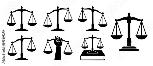 Scales of Justice Icon Set, Law and Legal Symbols for Courtroom Concept, Black Silhouettes of Balance Scales on White Background, Judgement and Fair Trial Graphics for Professional Attorney Branding.