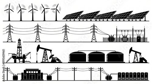 Massive collection of industrial energy silhouettes featuring wind turbines, solar panels, high-voltage transmission towers, oil rigs, pumpjacks, storage tanks, and electrical substations.
