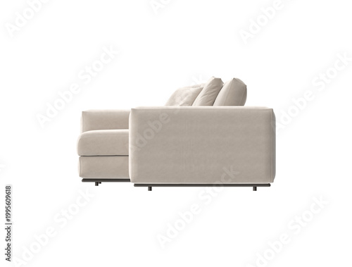 Schilderij op canvas Beige Fabric Sectional Sofa with Chaise Lounge Side View on White Background