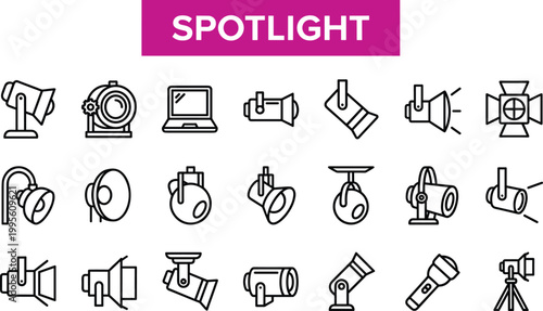 Spotlight and stage lighting line icon set featuring studio equipment lamps projectors illumination tools and professional lighting outline collection