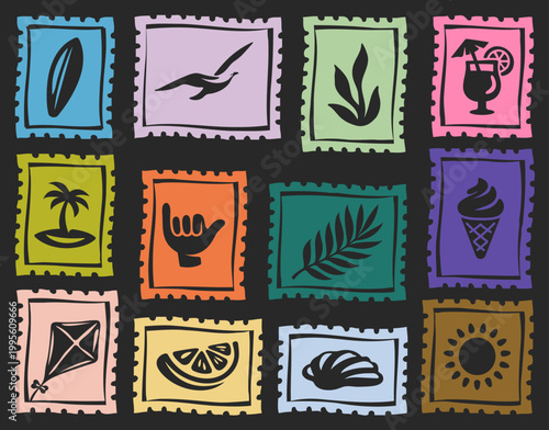 Set of Vintage Tropical Beach Postcard Stamps Sticker Collection Vector Illustrations for T-Shirt, Scrapbook, Poster, Apparel, Banner, Retro Surf Vibes Postcard Stamps Set