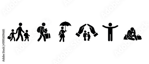 Refugee Crisis Icon Set, Migrants and Displaced People Symbols, Human Migration Flow, Asylum Seeker Journey, Protection and Humanitarian Aid Vector Illustrations for Social and Global Crisis Awareness