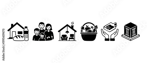 Social Welfare Icon Set, Charity and Humanitarian Aid Symbols for Community Support, Food Bank, Housing and Family Care Vector Graphics in Minimalist Black and White Flat Style for Web or Mobile Desig
