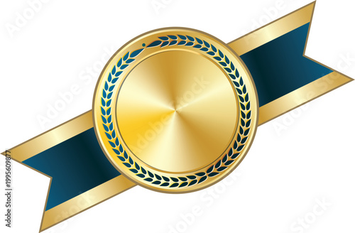 Golden badge with blue ear of rice and ribbon
