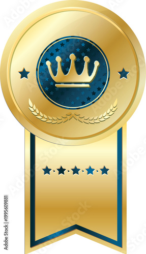Golden badge with blue ribbon