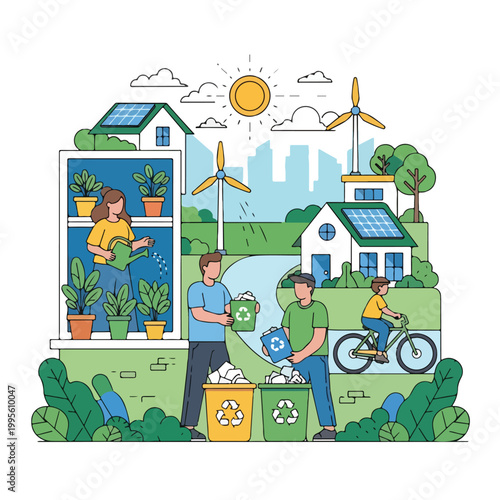 A colorful illustration of eco-friendly living