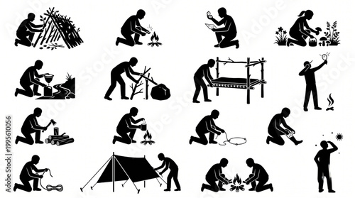 Massive Collection of Survival Skills Silhouettes Featuring Men and Women Performing Bushcraft Tasks Like Building Shelters, Making Fire, Navigation, Water Filtration, and Wood Chopping.