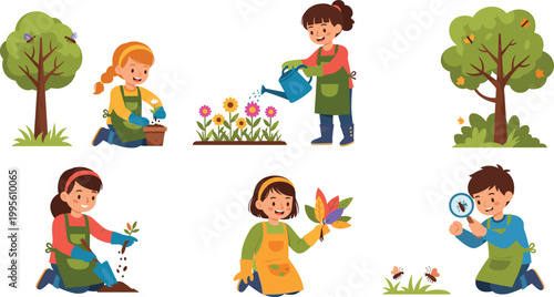 Kawaii Kids Gardening Icon Set Featuring Planting, Watering, Tree Growing, and Nature Exploration for Fun, Outdoor, and Educational Designs