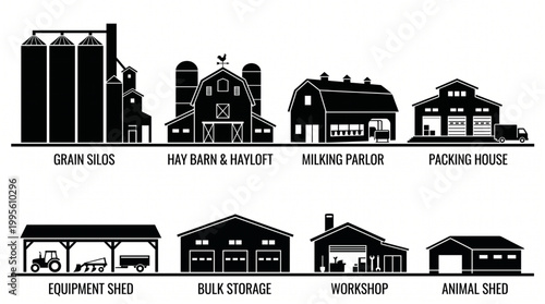 Comprehensive set of black farm building silhouettes including grain silos, hay barns, milking parlors, packing houses, equipment sheds, bulk storage units, workshops, and animal shelters.