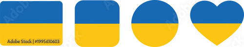 Ukraine flag, flag of Ukraine national symbol in square, round and heart shapes, vector illustration set for patriotic design, national identity badges and Ukrainian flag symbol collection.