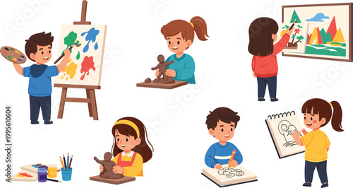 Kawaii Kids Art Icon Set Featuring Painting, Sculpture, Drawing, and Crafting for Creative, Fun, and Educational Designs