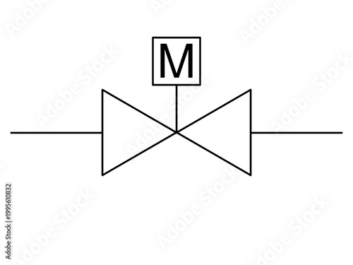 Motor operated valve P&ID symbol with M actuator for industrial automation and process control diagrams. Professional technical vector icon.