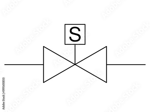 Solenoid operated valve P&ID symbol with S actuator for industrial automation and fluid control diagrams. Technical vector icon.